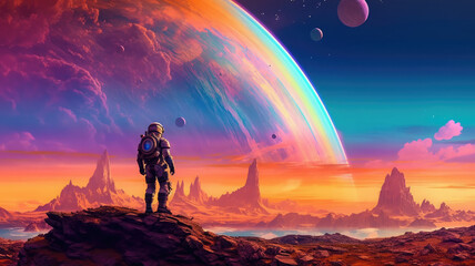 Аstronaut on another planet in rainbow light generative AI