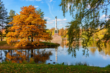 Chesme column on island of Grand pond in autumn in Catherine park, Pushkin, Saint Petersburg, Russia