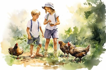 Boy and girl feeding chickens in the woods. Watercolor illustration. - obrazy, fototapety, plakaty