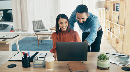 Creative people, laptop and coaching in planning, teamwork or collaboration together at office. Man...
