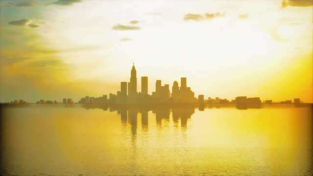downtown cityscape at sunset in fog