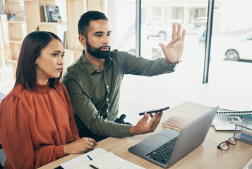 Team, invisible screen and business people on digital ui, futuristic and phone in startup office. Hands, man and woman press virtual touchscreen at desk on ux tech online, click app and collaboration