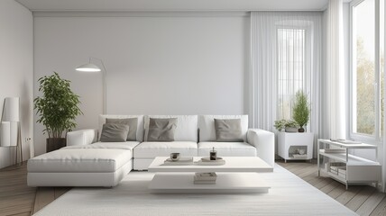 The white interior of a modern living room with a free wall, daylight and plants