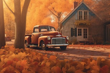 Autumn scene featuring a vintage pickup truck. Generative AI - obrazy, fototapety, plakaty