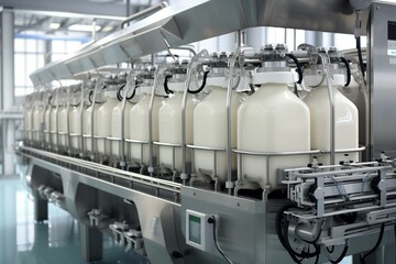 Milk bottling machine, dairy plant equipment. Generative AI
