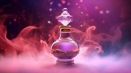 Obraz na płótnie Canvas luxury glass or crystal perfume bottle with smoke waves background in pink purple theme, mixed digital 3d illustration and matte painting, generative ai