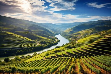 Vineyards in Douro Valley, Portugal, offering sought-after port wine during sunny summers. Generative AI - obrazy, fototapety, plakaty