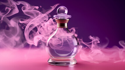 Obraz na płótnie Canvas luxury glass or crystal perfume bottle with smoke waves background in pink purple theme, mixed digital 3d illustration and matte painting, generative ai
