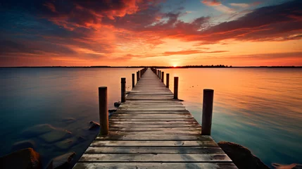 Foto op Canvas Beautiful sunset at the wooden jetty at the beach © Julie