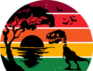T-Rex Dinosaur sunset forest,Dino Retro Sunset,Adventure Retro Vintage Sunset,Camping Evergreen Tree Sunrise Forest Graphics © parinnata