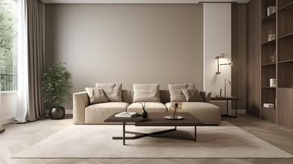 The interior in beige color living room with a free wall, daylight left, mock up