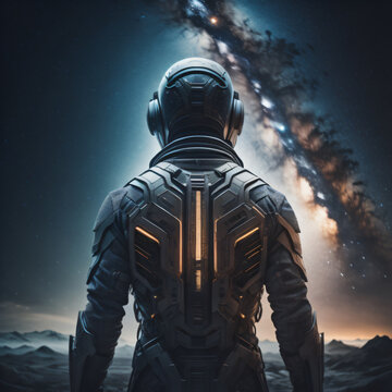 Generative AI illustration of back view of unrecognizable future soldier in armor suit in modern world