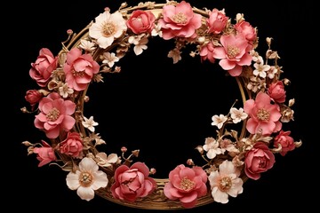 Flower-adorned circular frame. Generative AI