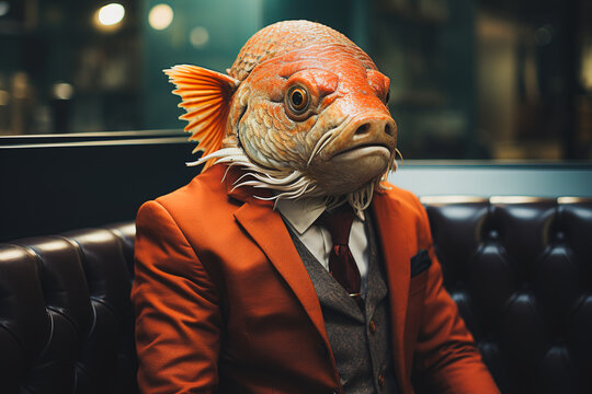 Generative AI illustration anthropomorphic portrait of insolent fish in classy suit with tie underwear sitting on comfortable seat against