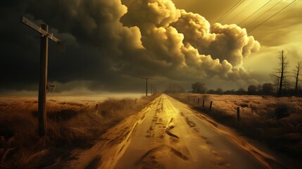 Caution Radiation, concept: Nuclear reactor explodes and contaminates the environment, 16:9 - obrazy, fototapety, plakaty