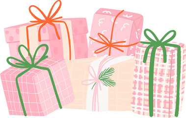 Cute pink Christmas gift boxes, stack of festive and playful present boxes