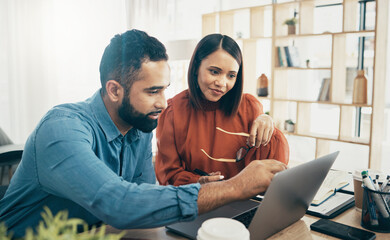 Coworking, couple in office and working together for planning remote work startup strategy online....