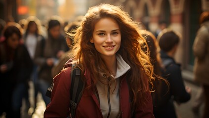 Fototapeta premium Young woman in the background of a fall street, generative AI