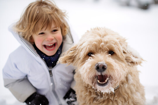 Generative AI image of smiling kid with adorable dog looking at camera while playing in the snow winter woods