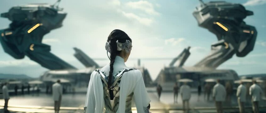 From behind shot of female dressed in futuristic outfit standing on crowded spaceship landing platform. Anamorphic 4k footage
