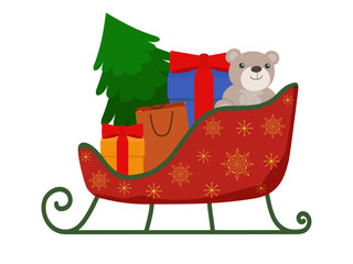 Icon of red and green Santa's sleigh with gifts on a transparent and white background. Green Christmas tree and brown bear. Yellow and blue boxes with gifts and a brown paper shopping bag. Vector.