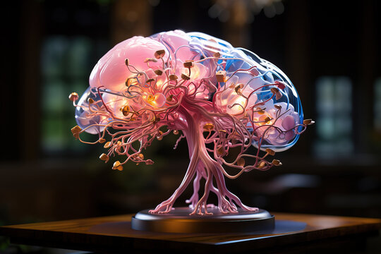 Generative AI illustration of model of human brain tree with glowing impulses and electric lines