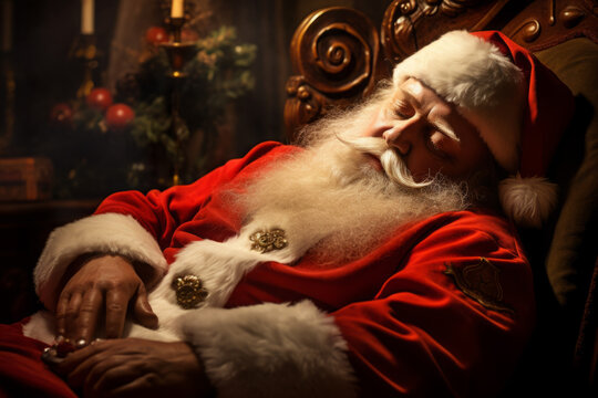 Generative AI image of tired Santa Claus in red costume with eyes closed while lying on comfortable wooden chair and relaxing in room with candles