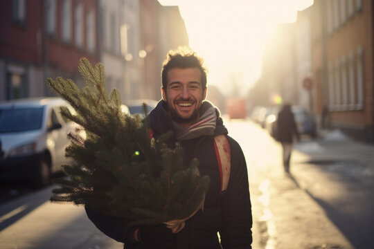 AI generated image portrait of smiling man carrying Christmas tree on a snowy street in blurred background looking at camera