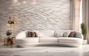 White Sofa on Wavy Wall, Interior Modern Living Room, using Generative Ai