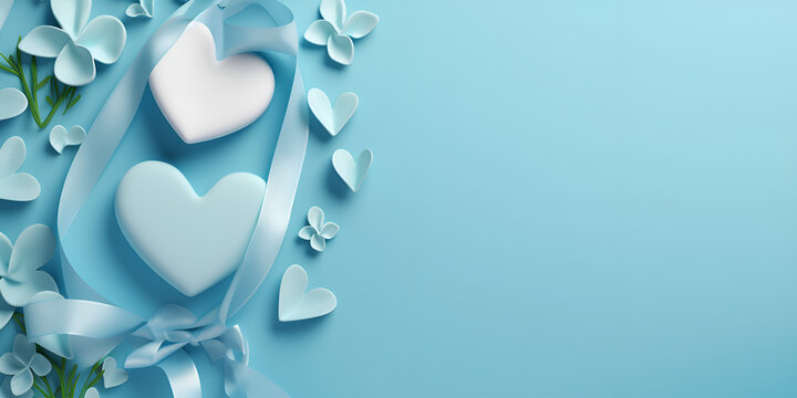 Top view photo of white empty heart-shaped card with a blue ribbon a light background with copyspace, , Blue banner poster background with valentines hearts. valentines greeting banner, generative AI