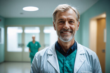 medium shot front view of old age male doctor with short blond hair in doctors outfit looking at camera while standing in the hospital, swedish, finnish, norwegian, danish, nordic, german, dutch. - obrazy, fototapety, plakaty