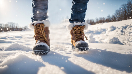 Photo of winter boots standing on a snowy road