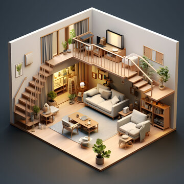 3d render of a room, isometrico