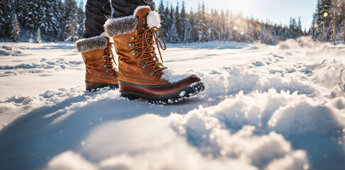 Photo of winter boots standing on a snowy road - obrazy, fototapety, plakaty