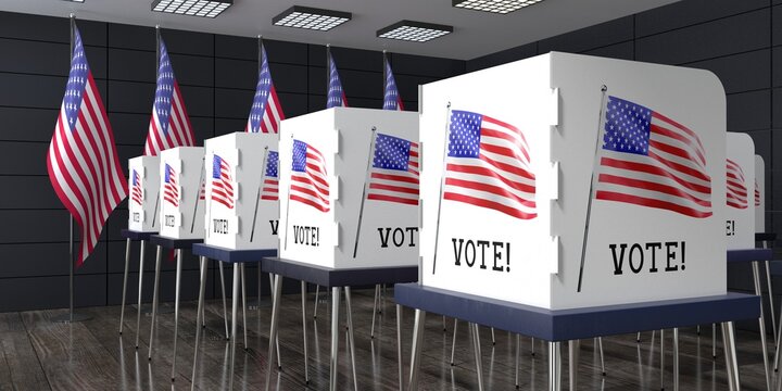 USA - polling station with many voting booths - election concept - 3D illustration