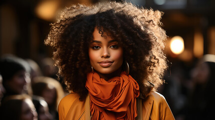 A female Afro American model walking down the catwalk at a fashion show. AI

