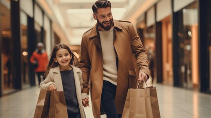 Beautiful parents and their daughter are holding shopping bags and smiling while doing shopping in mall - obrazy, fototapety, plakaty