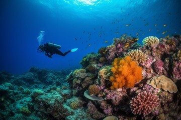Naklejka na ściany i meble Diver exploring vibrant coral reef in Dahab's sea. Generative AI