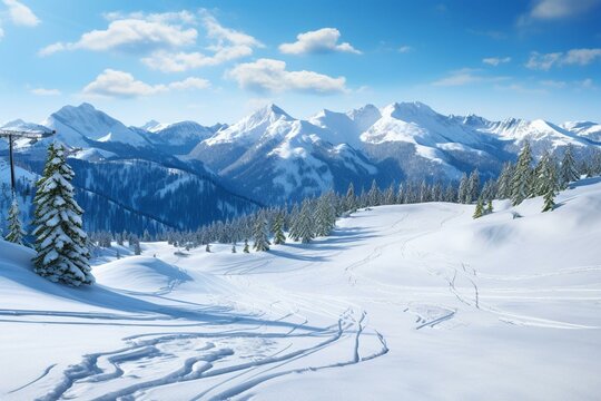 Well-groomed ski slope with scenic mountain backdrop. Generative AI