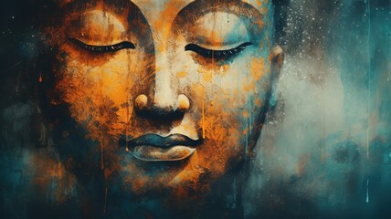 abstract colorful background with buddha with closed eyes with copy space. meditation buddhism. AI.