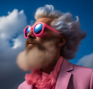 A handsome man with long white hair and beard, wearing a pink suit and pink sunglasses, looking at the sun. Season greetings surreal concept. Generative AI