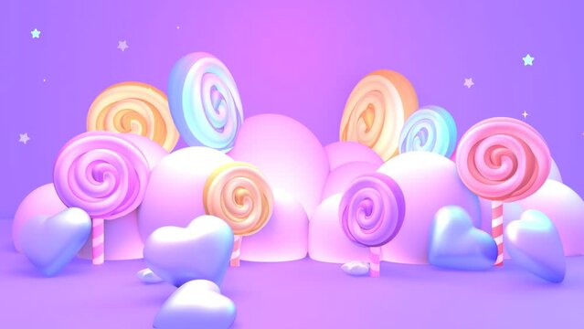 Looped cartoon lollipop land with glossy hearts and clouds animation.