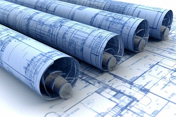 3D blueprint roll, building, white background. Generative AI