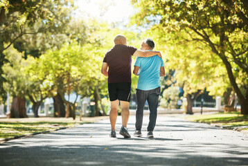 Park, walking and back of senior men for wellness, healthy body and wellbeing in retirement,...