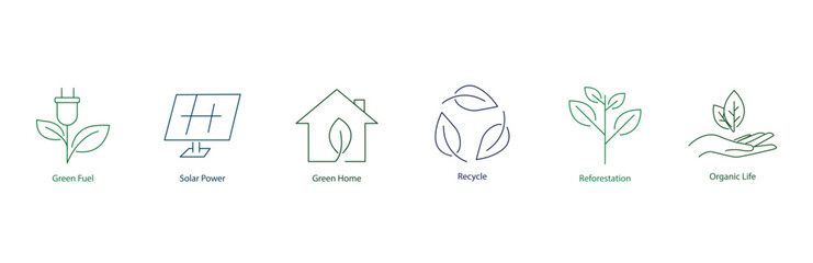 Sustainable Living Vector Icon: Green Fuel, Solar Energy, Green Home, Recyclable Materials, Reforestation, and Organic Life - Eco-Friendly Lifestyle in Scalable Format