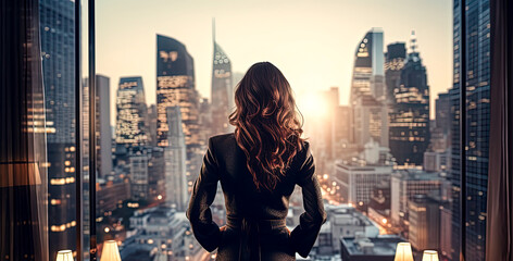 Successful businesswoman looking out of big window at city view. Business woman standing alone looking at modern downtown high-rises. Job and occupation concept - obrazy, fototapety, plakaty