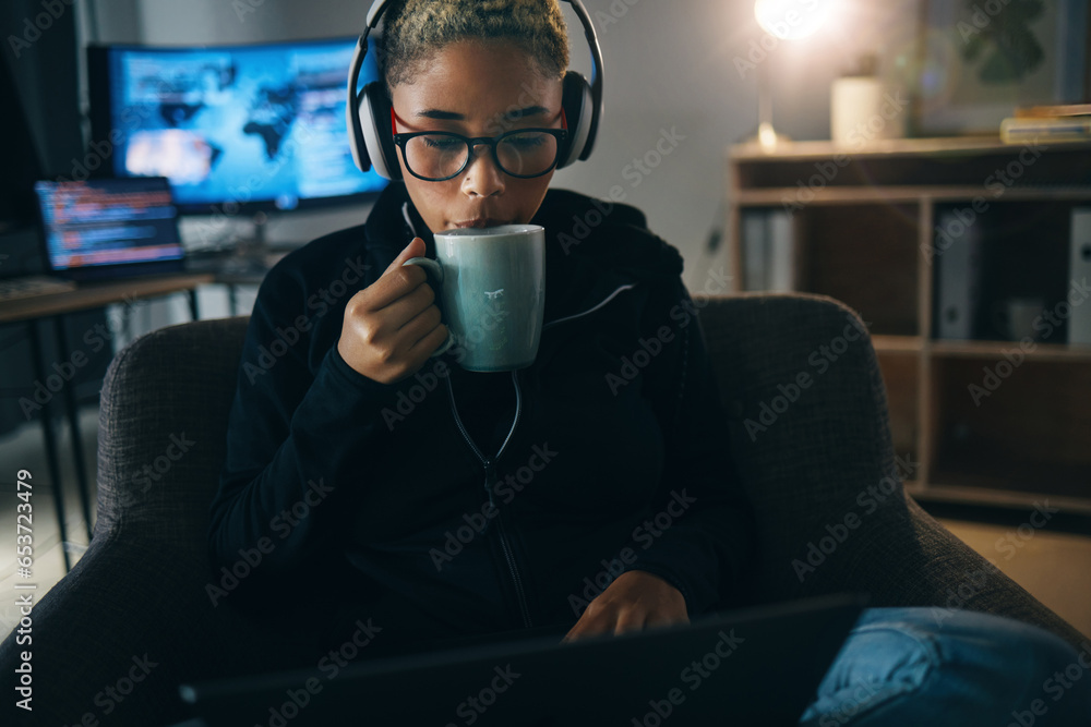 Poster Hacker woman, coffee and night on laptop, thinking and ideas for cybersecurity, data phishing and ransomware. Programmer, dark room and sofa to drink matcha for it scam, software and coding research