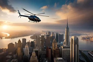 Foto op Plexiglas helicopter landing in city at sunset © Aslam