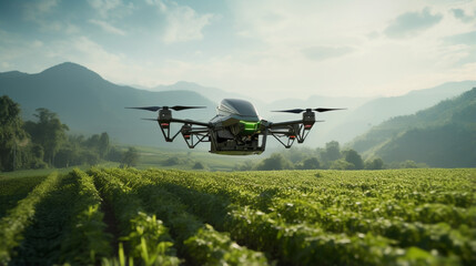 Modern Agritech: Robots Ensuring Optimal Crop Health & Using Drones for Precise Monitoring. Generative AI. - obrazy, fototapety, plakaty