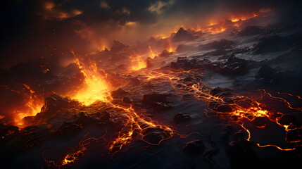 Volcano eruption, flowing lava
